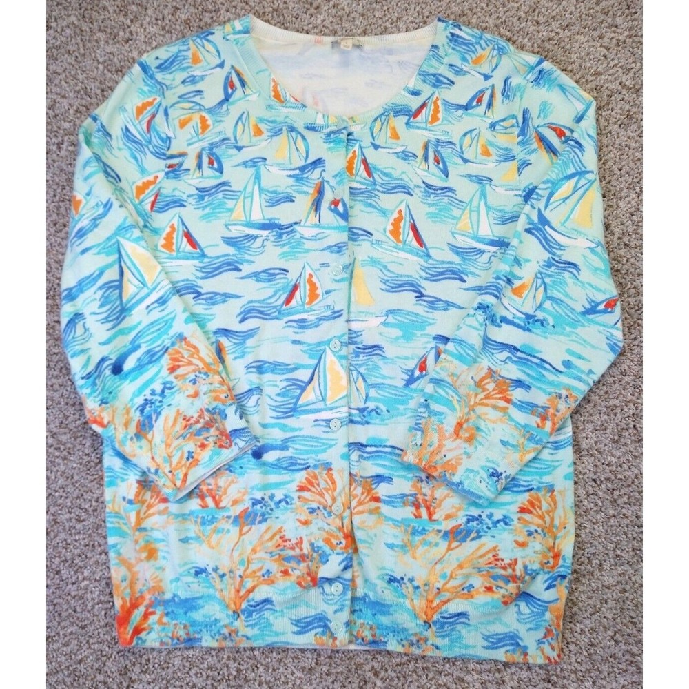 Talbots Aqua Nautical Print Cardigan with Orange Accents